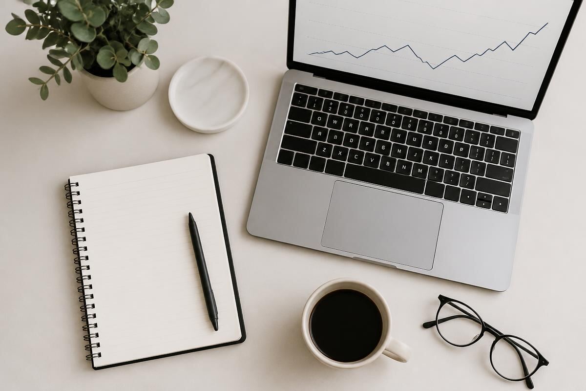 Tidy desk with notebook, laptop chart and coffee