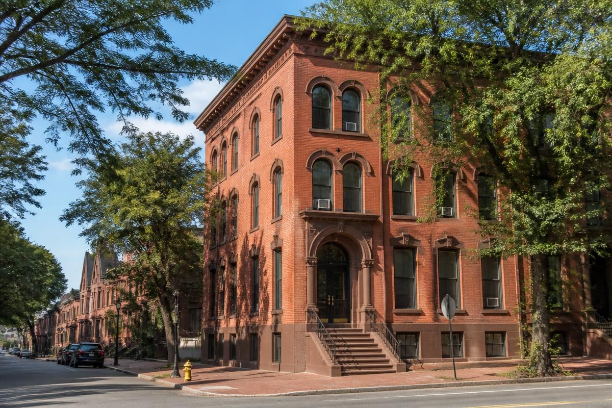 Historic brick office building on a tree-lined street in Albany, New York