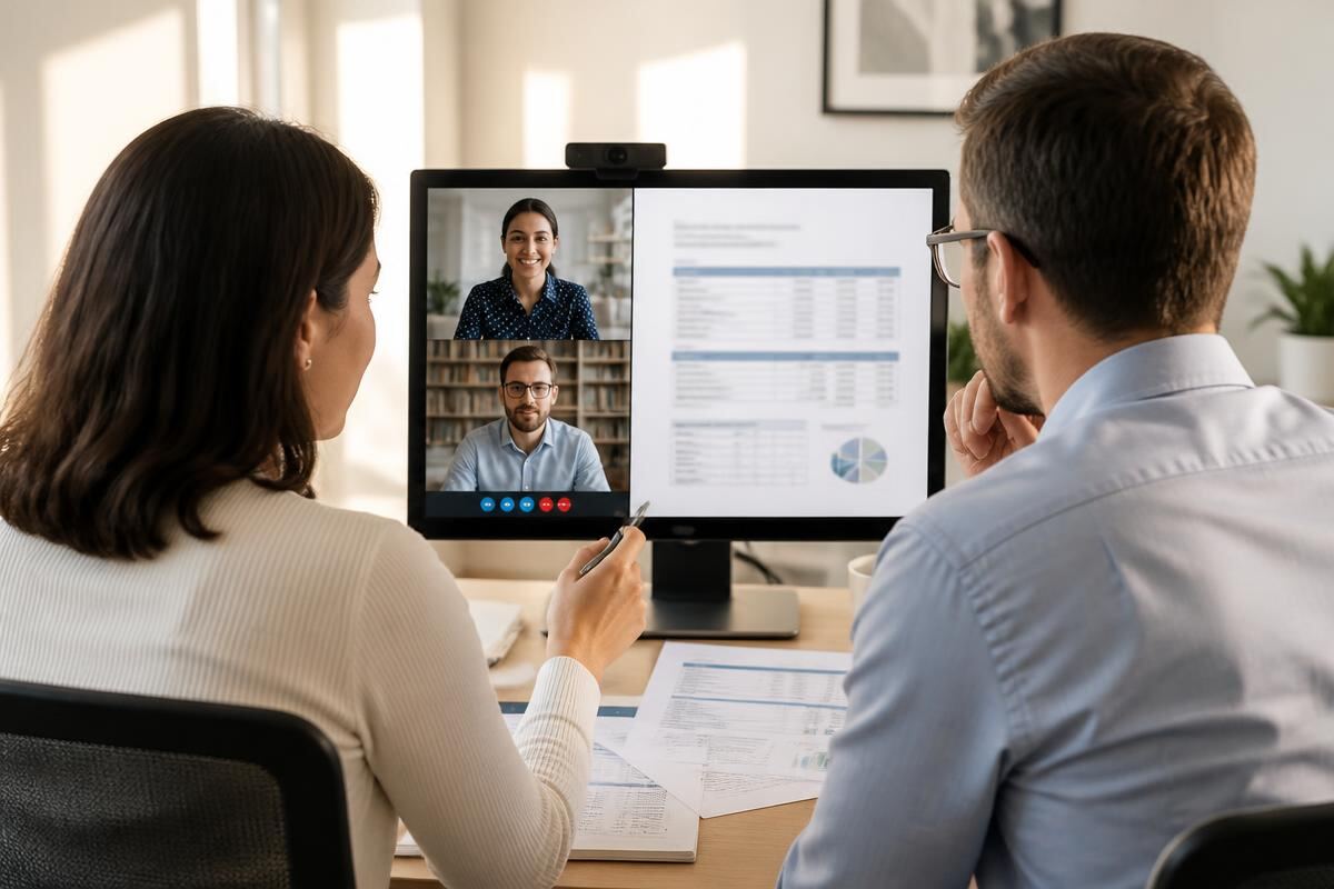 Two colleagues reviewing payroll figures on an office monitor