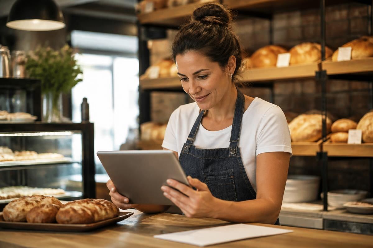 Bakery owner checking business paperwork on a tablet behind the counter